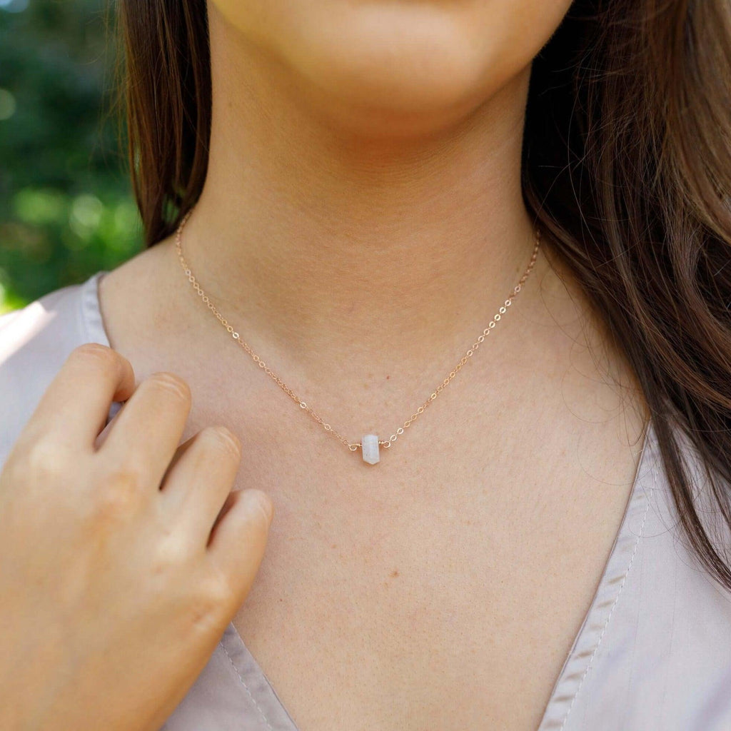 Double Terminated Rainbow Moonstone Mini Crystal Point Necklace - Double Terminated Rainbow Moonstone Mini Crystal Point Necklace - Sterling Silver - Luna Tide Handmade Crystal Jewellery