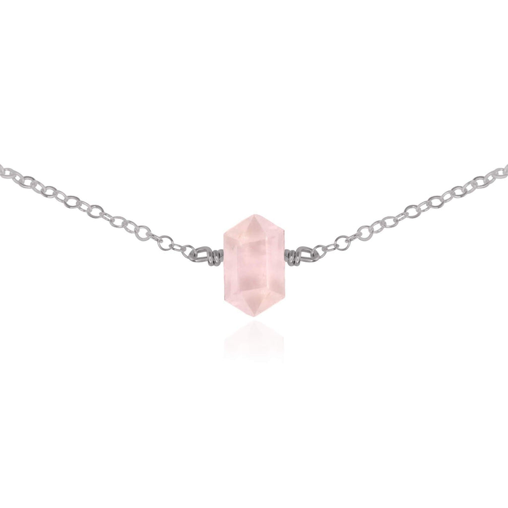 Double Terminated Rose Quartz Mini Crystal Point Choker Necklace - Double Terminated Rose Quartz Mini Crystal Point Choker Necklace - Stainless Steel - Luna Tide Handmade Crystal Jewellery
