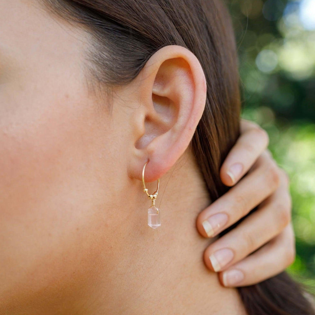 Double Terminated Rose Quartz Mini Crystal Point Dangle Hoop Earrings - Double Terminated Rose Quartz Mini Crystal Point Dangle Hoop Earrings - Sterling Silver - Luna Tide Handmade Crystal Jewellery