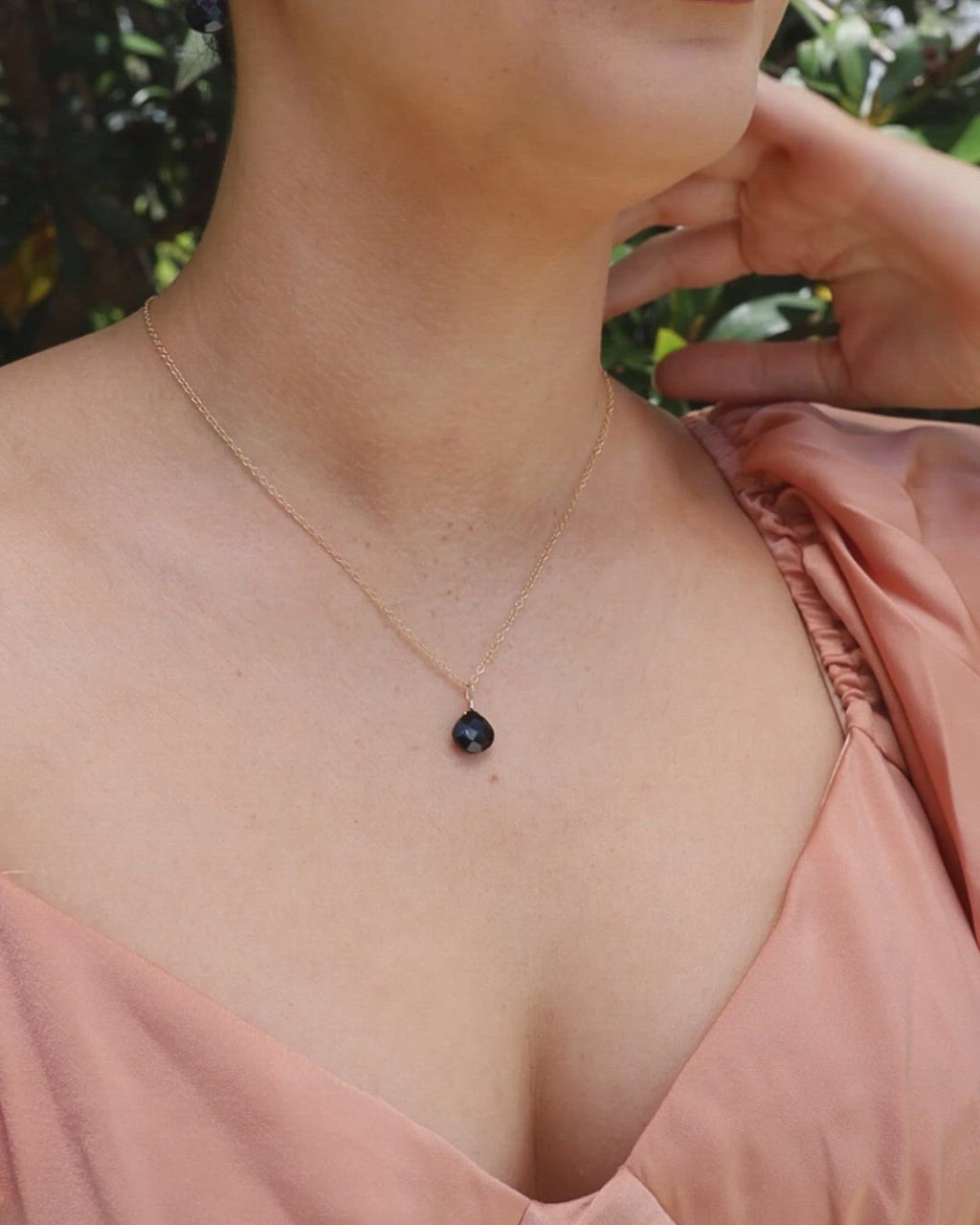 Tiny Black Tourmaline Teardrop Crystal Pendant Necklace