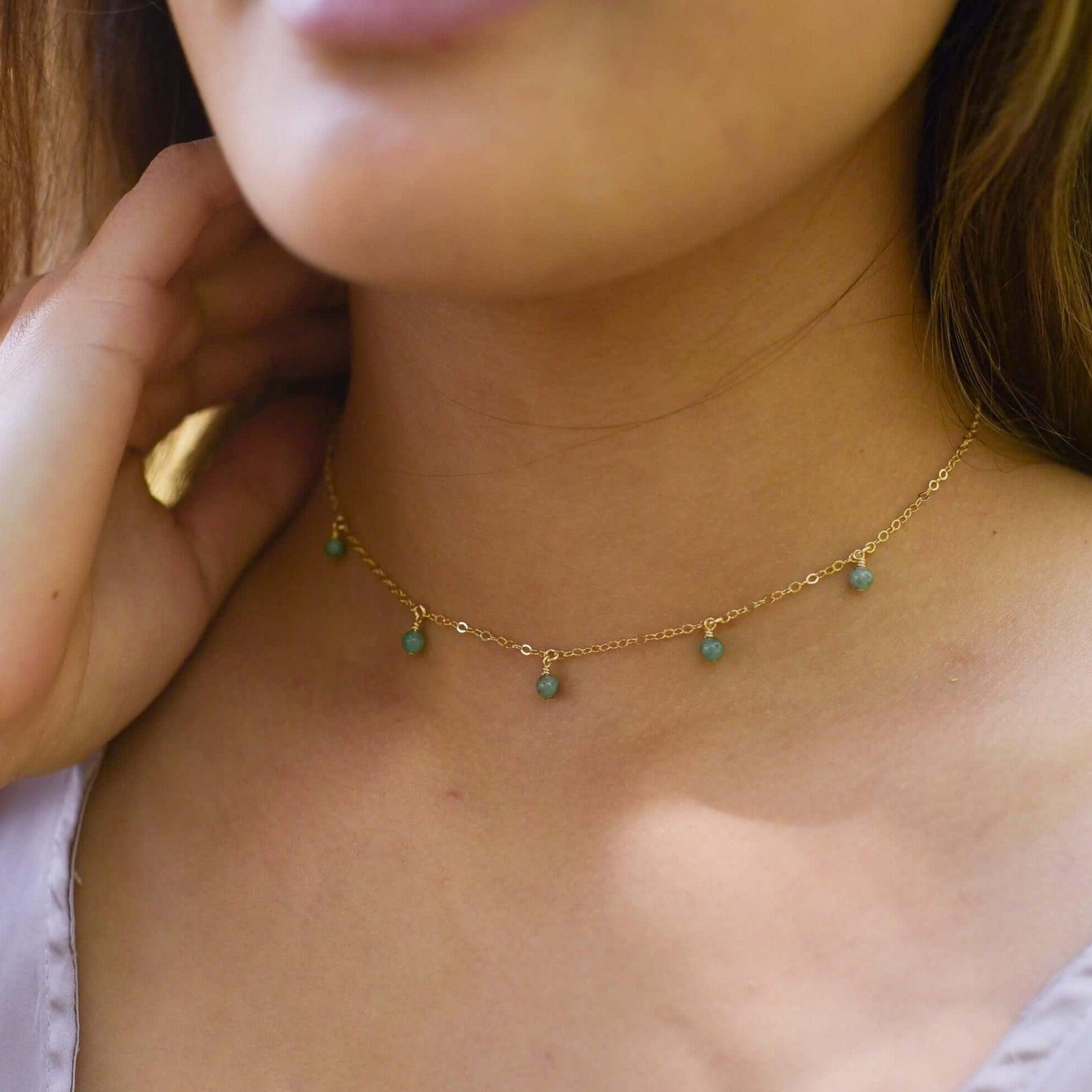 Emerald Bead Drop Choker - Emerald Bead Drop Choker - Sterling Silver - Luna Tide Handmade Crystal Jewellery