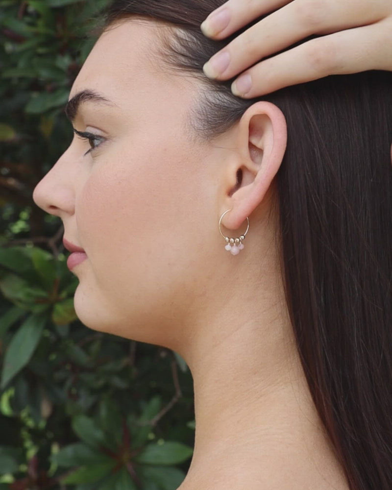 Pink Peruvian Opal Gemstone Bead Drop Hoop Earrings