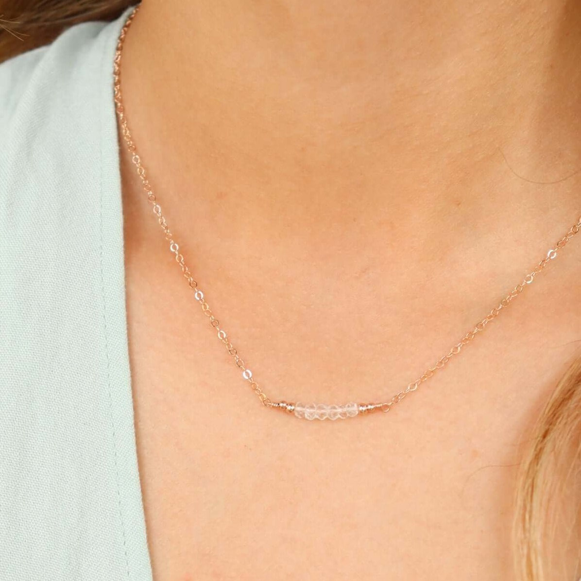 Faceted Bead Bar Necklace - Crystal Quartz - 14K Rose Gold Fill - Luna Tide Handmade Jewellery