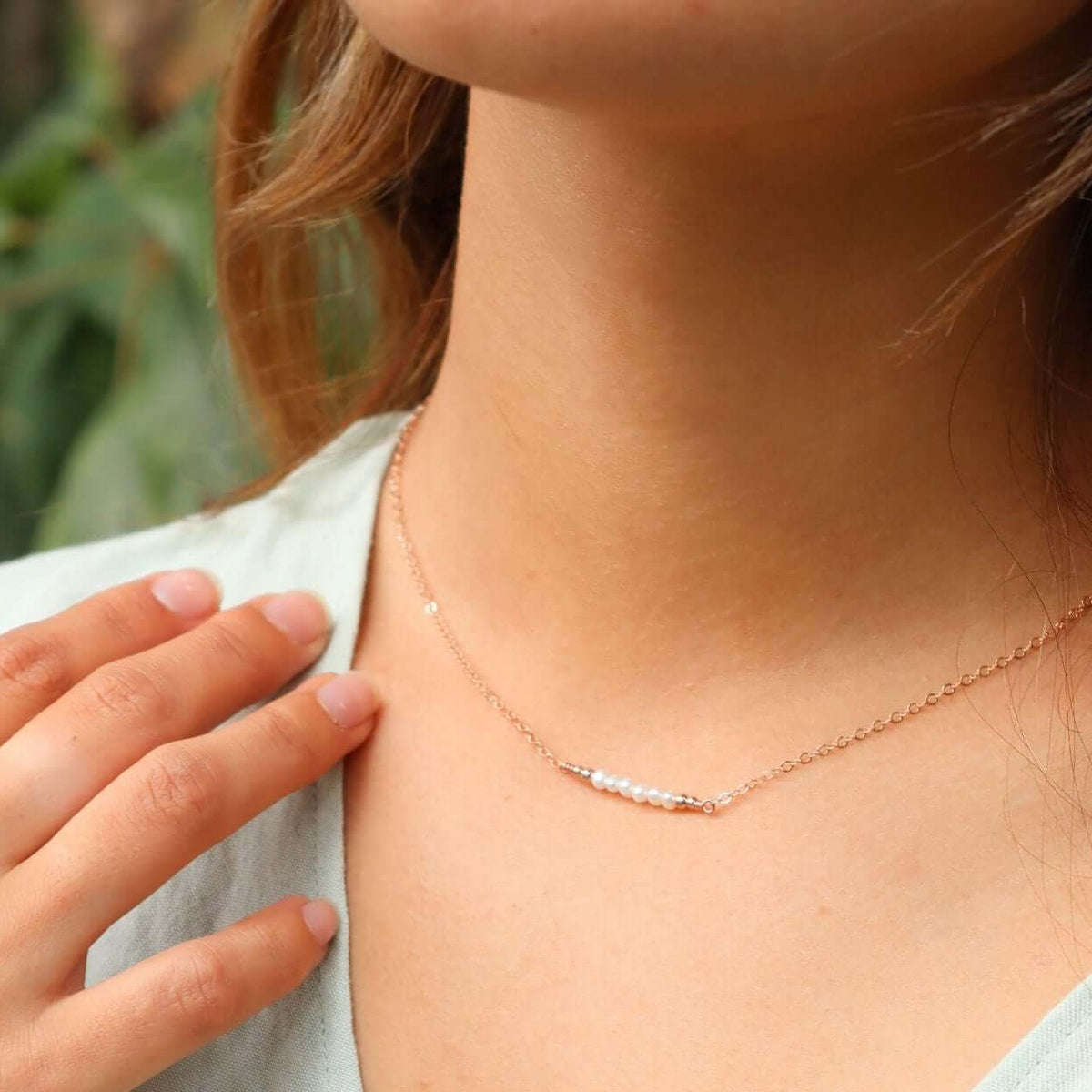 Faceted Bead Bar Necklace - Freshwater Pearl - 14K Rose Gold Fill - Luna Tide Handmade Jewellery