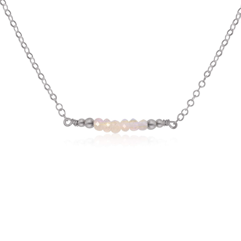 Faceted Bead Bar Necklace - Rainbow Moonstone - Stainless Steel - Luna Tide Handmade Jewellery