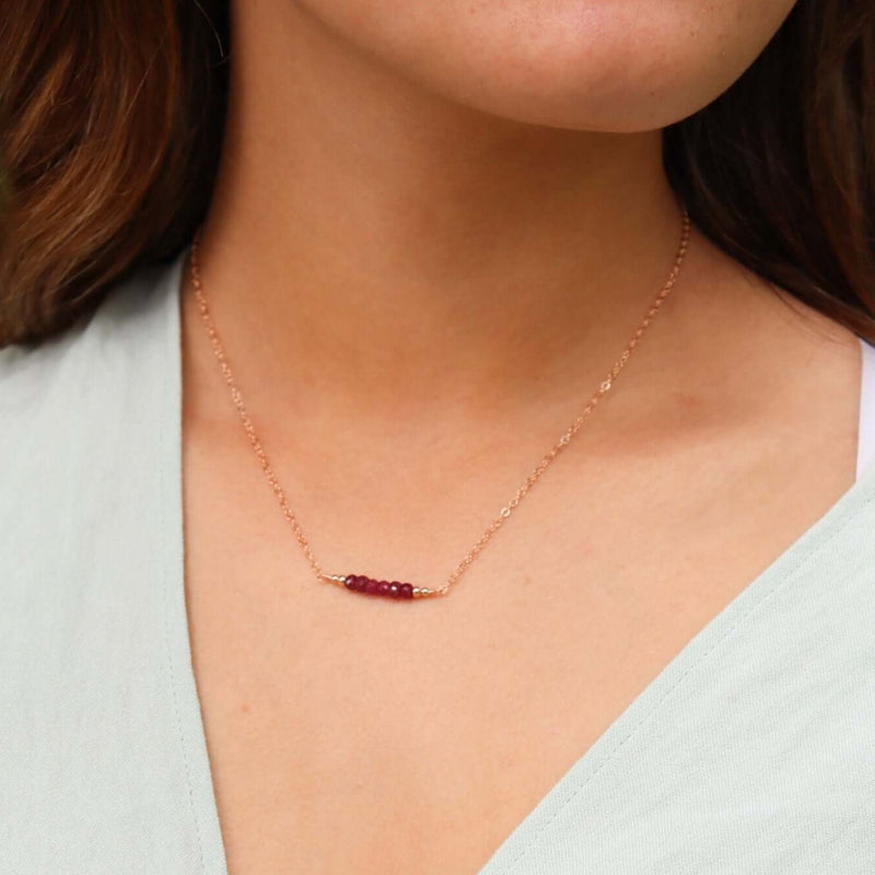 Faceted Bead Bar Necklace - Ruby - 14K Rose Gold Fill - Luna Tide Handmade Jewellery