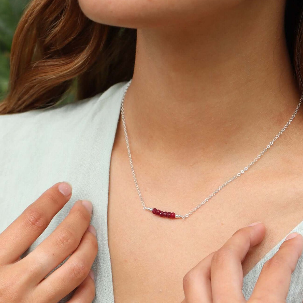 Faceted Bead Bar Necklace - Ruby - Sterling Silver - Luna Tide Handmade Jewellery