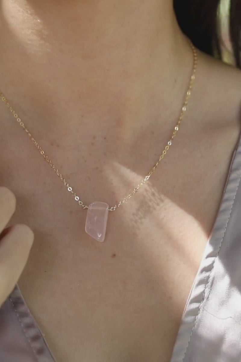 Small Smooth Pink Rose Quartz Crystal Slab Necklace
