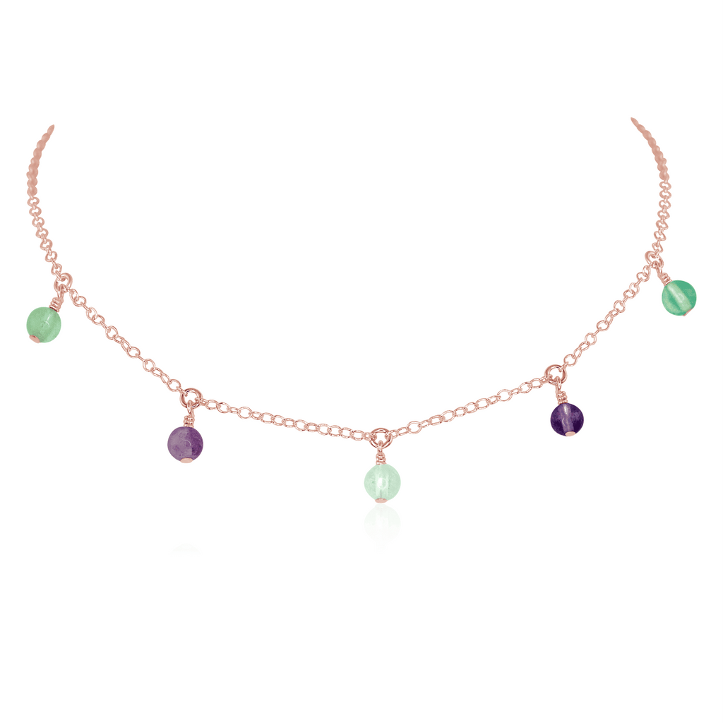 Fluorite Bead Drop Choker - Fluorite Bead Drop Choker - 14k Rose Gold Fill - Luna Tide Handmade Crystal Jewellery