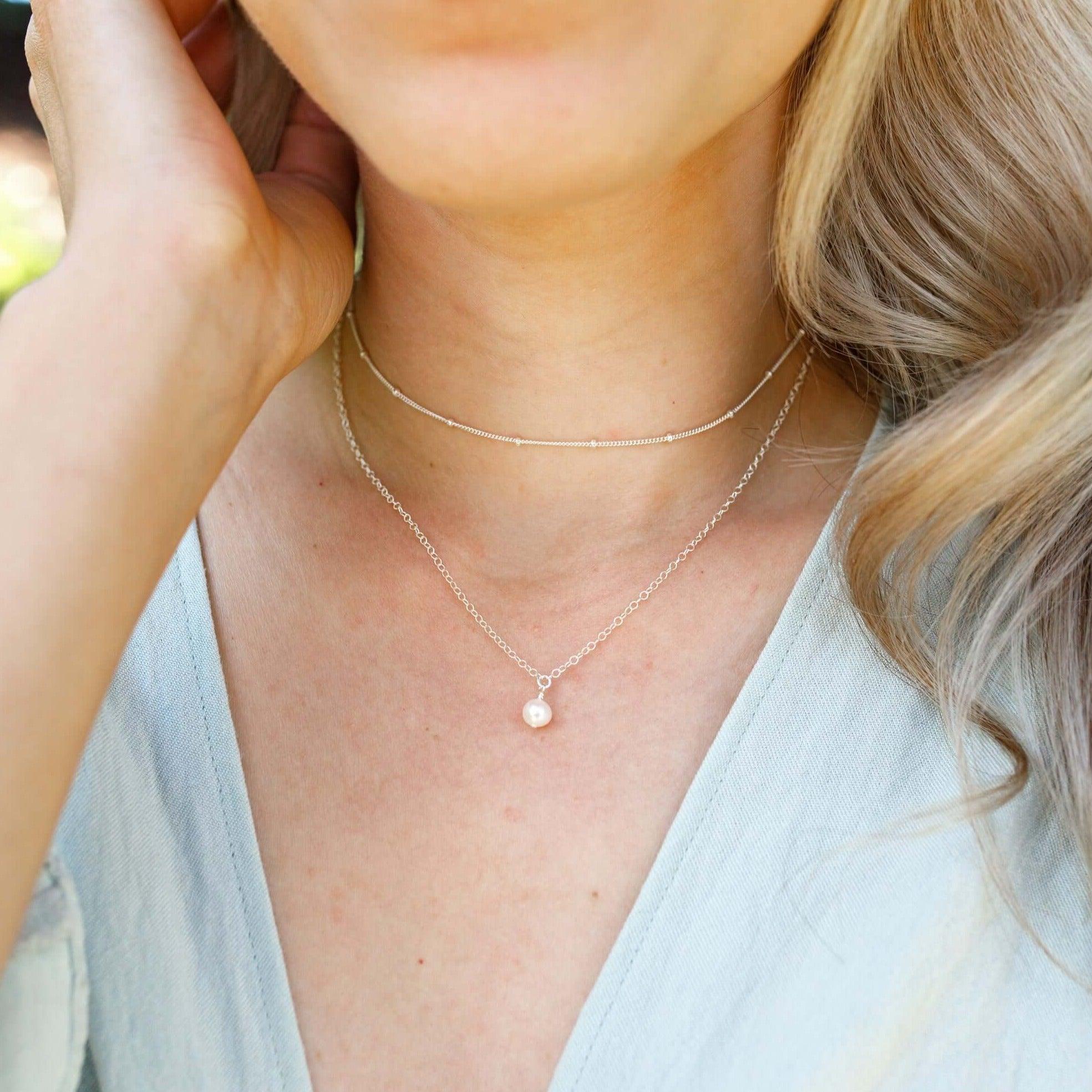 Freshwater Pearl Gemstone Chain Layered Choker Necklace - Freshwater Pearl Gemstone Chain Layered Choker Necklace - 14k Gold Fill - Luna Tide Handmade Crystal Jewellery