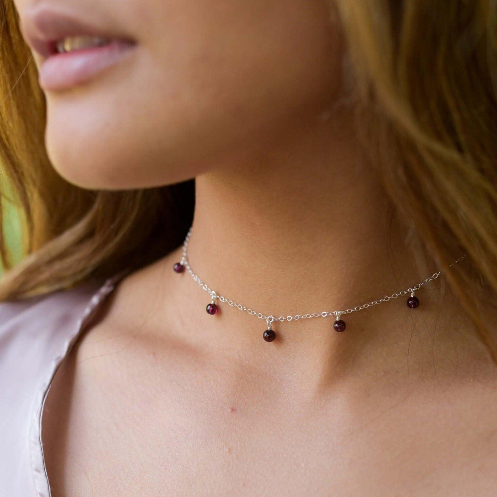 Garnet Bead Drop Choker - Garnet Bead Drop Choker - Sterling Silver - Luna Tide Handmade Crystal Jewellery