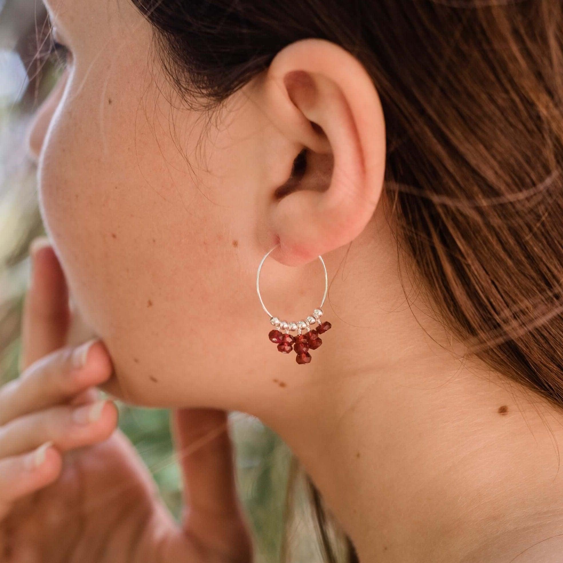 Garnet Statement Hoop Earrings - Garnet Statement Hoop Earrings - Sterling Silver - Luna Tide Handmade Crystal Jewellery