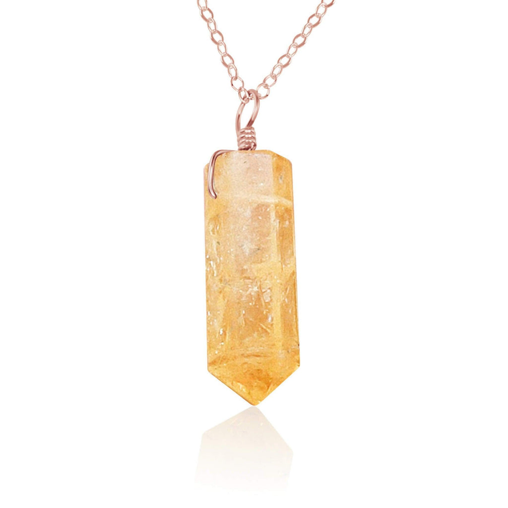 Golden Citrine Crystal Generator Point Pendant Necklace - Golden Citrine Crystal Generator Point Pendant Necklace - 14k Rose Gold Fill / Cable - Luna Tide Handmade Crystal Jewellery