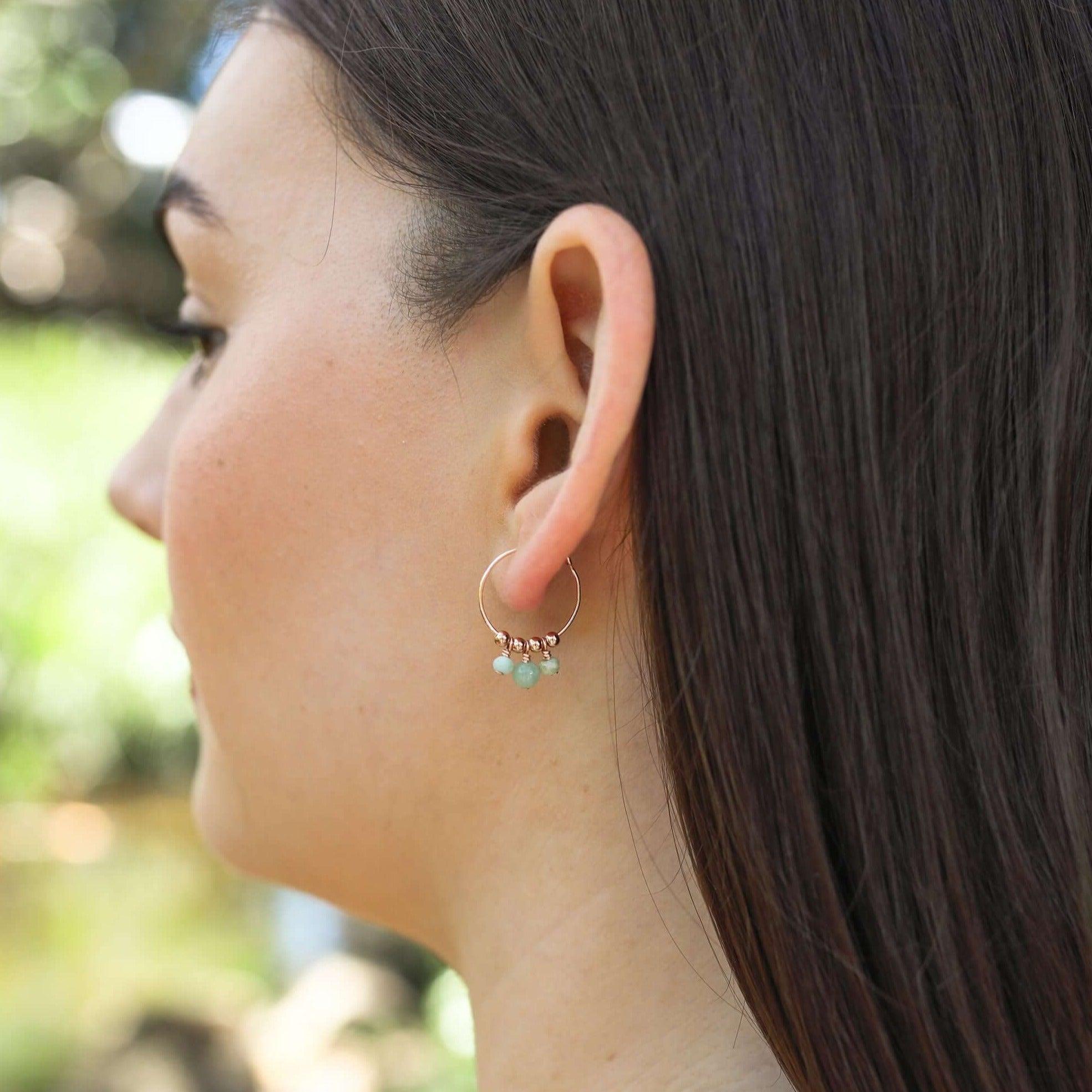 Green Amazonite Gemstone Bead Drop Hoop Earrings - Green Amazonite Gemstone Bead Drop Hoop Earrings - Sterling Silver - Luna Tide Handmade Crystal Jewellery