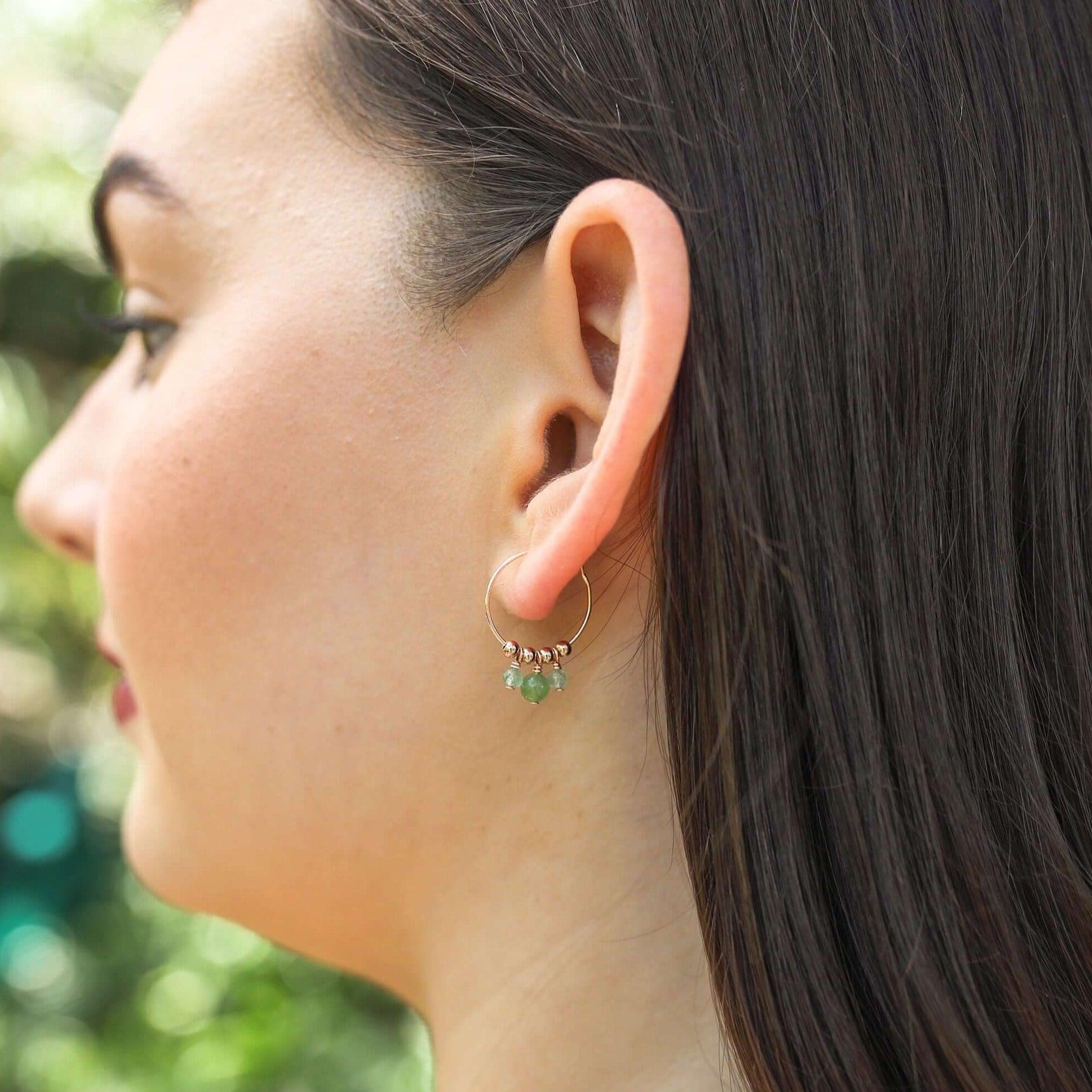 Green Aventurine Gemstone Bead Drop Hoop Earrings - Green Aventurine Gemstone Bead Drop Hoop Earrings - 14k Gold Fill - Luna Tide Handmade Crystal Jewellery
