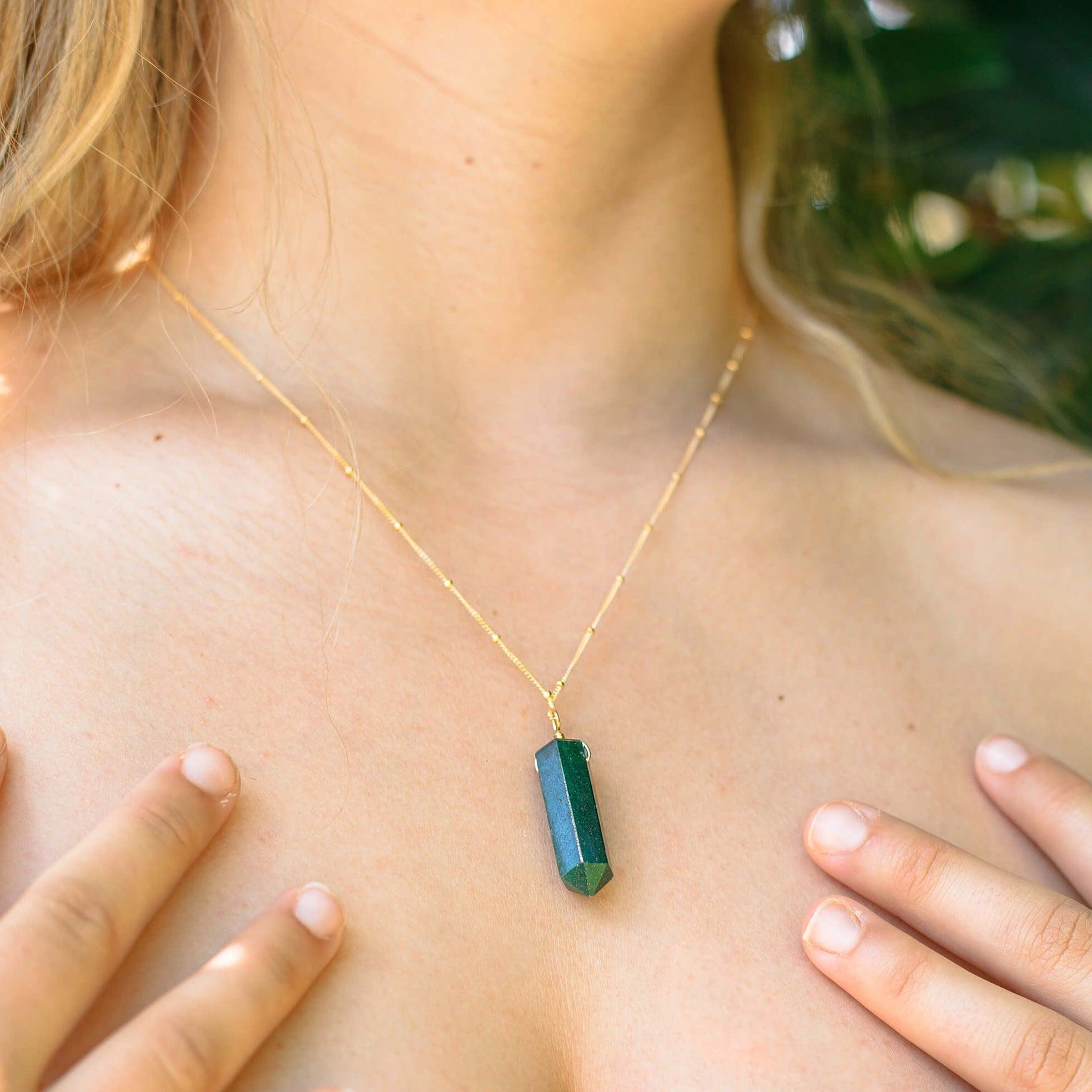 Green Aventurine Gemstone Generator Tower Point Pendant Necklace - Green Aventurine Gemstone Generator Tower Point Pendant Necklace - 14k Gold Fill / Satellite - Luna Tide Handmade Crystal Jewellery