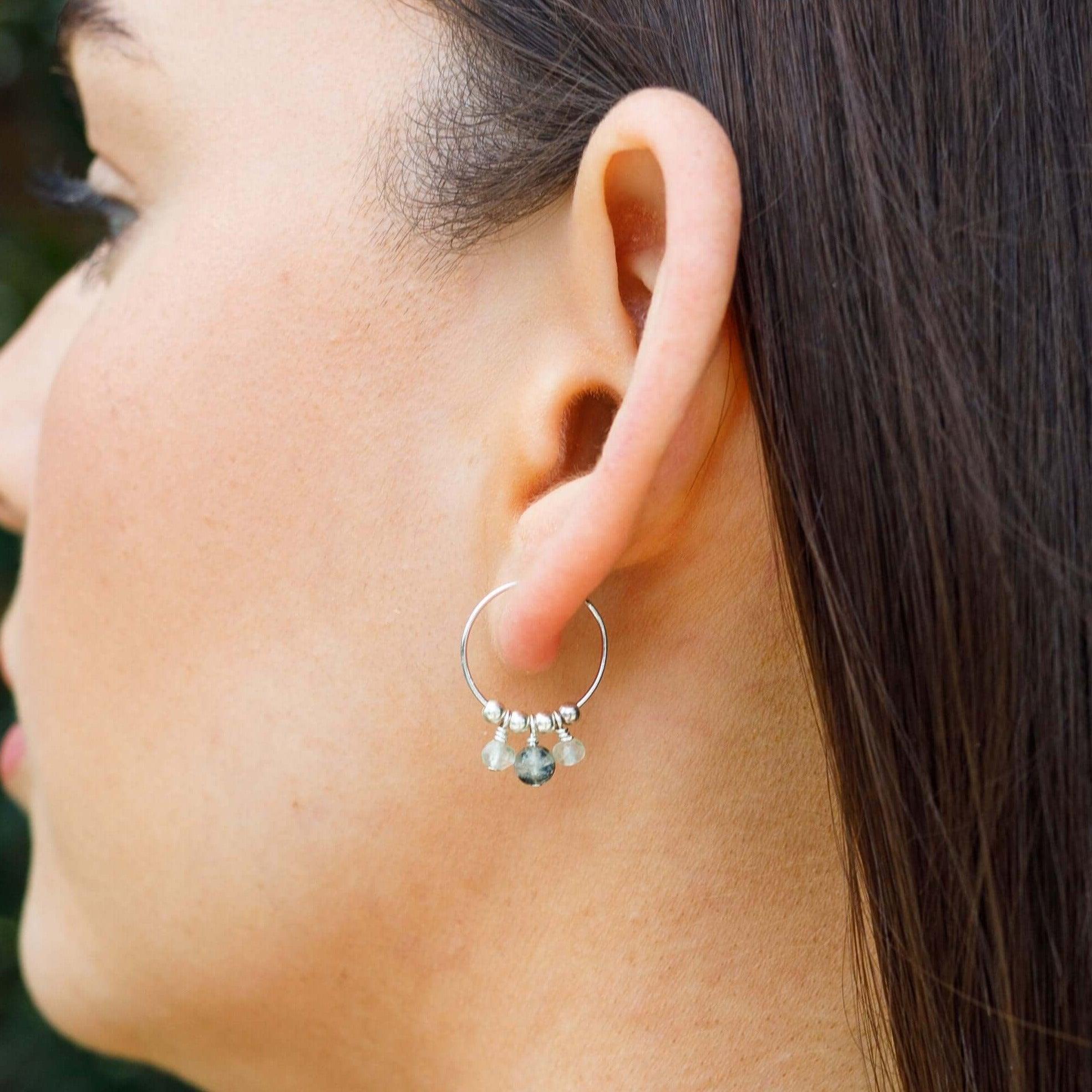 Green Prehnite Gemstone Bead Drop Hoop Earrings - Green Prehnite Gemstone Bead Drop Hoop Earrings - 14k Gold Fill - Luna Tide Handmade Crystal Jewellery