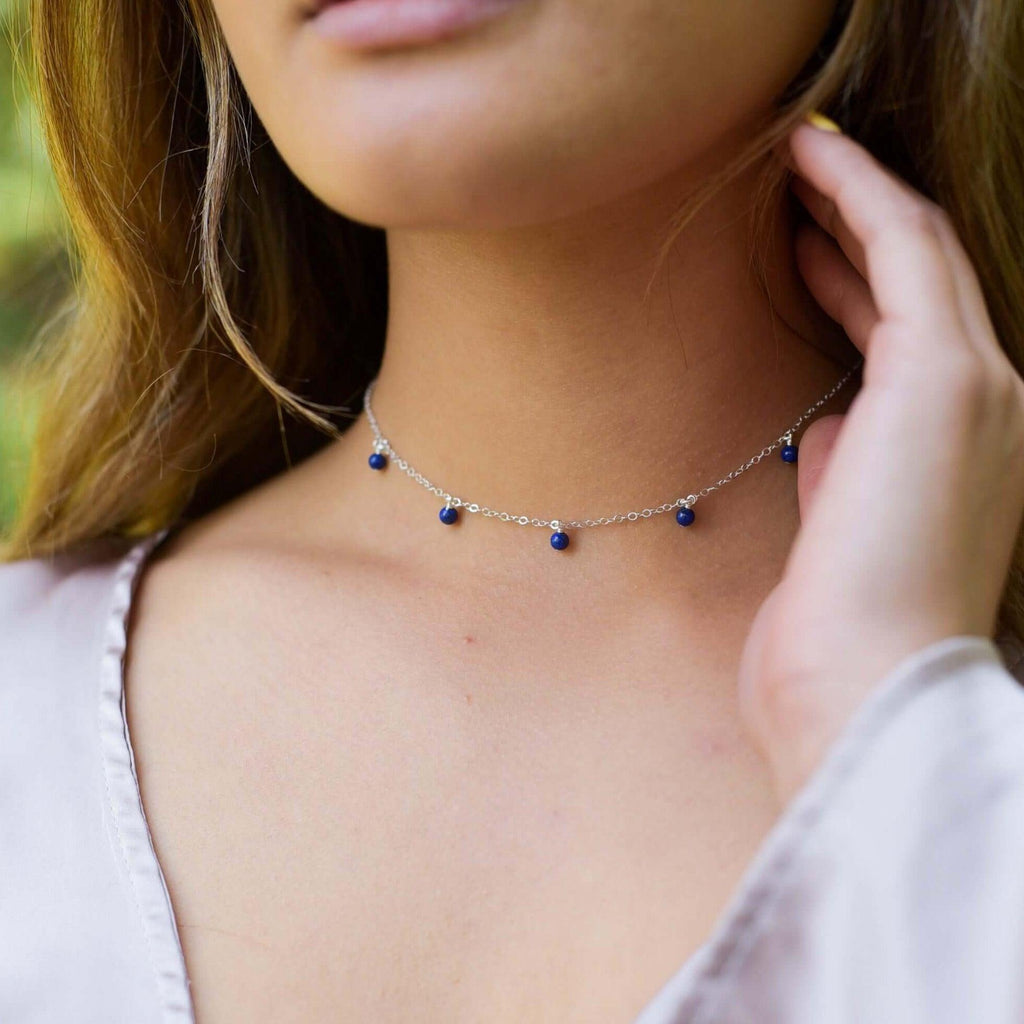 Lapis Lazuli Bead Drop Choker - Lapis Lazuli Bead Drop Choker - Sterling Silver - Luna Tide Handmade Crystal Jewellery