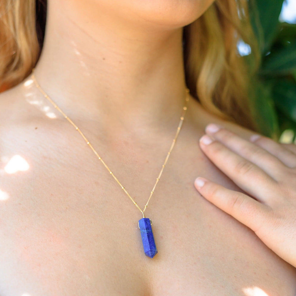 Lapis Lazuli Gemstone Generator Tower Point Pendant Necklace - Lapis Lazuli Gemstone Generator Tower Point Pendant Necklace - Sterling Silver / Satellite - Luna Tide Handmade Crystal Jewellery