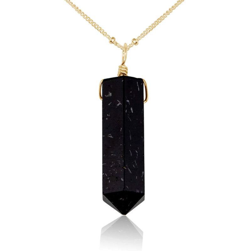 Large Crystal Point Necklace - Black Tourmaline - 14K Gold Fill Satellite - Luna Tide Handmade Jewellery