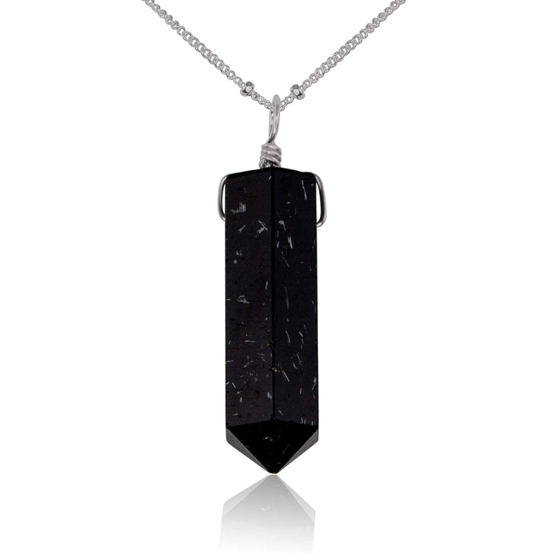 Large Crystal Point Necklace - Black Tourmaline - Stainless Steel Satellite - Luna Tide Handmade Jewellery