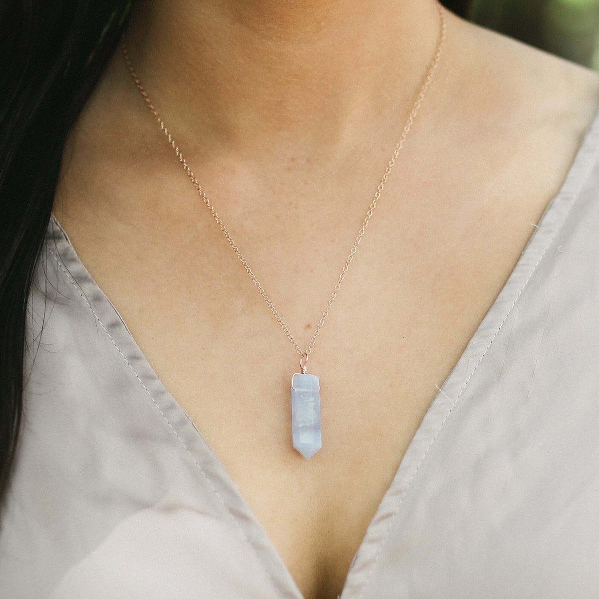 Large Crystal Point Necklace - Blue Lace Agate - 14K Rose Gold Fill - Luna Tide Handmade Jewellery