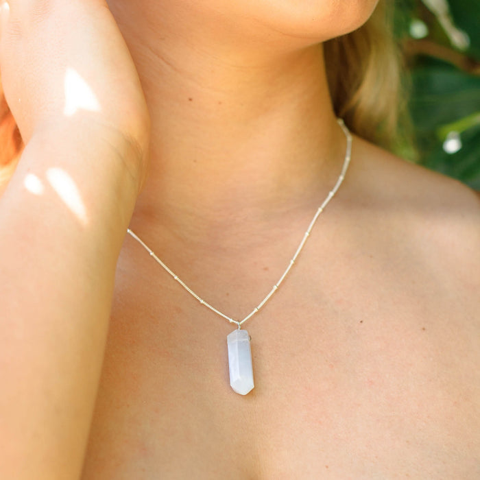 Large Crystal Point Necklace - Blue Lace Agate - Sterling Silver Satellite - Luna Tide Handmade Jewellery