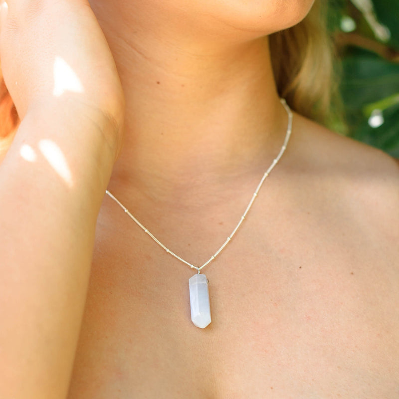 Large Crystal Point Necklace - Blue Lace Agate - Sterling Silver Satellite - Luna Tide Handmade Jewellery