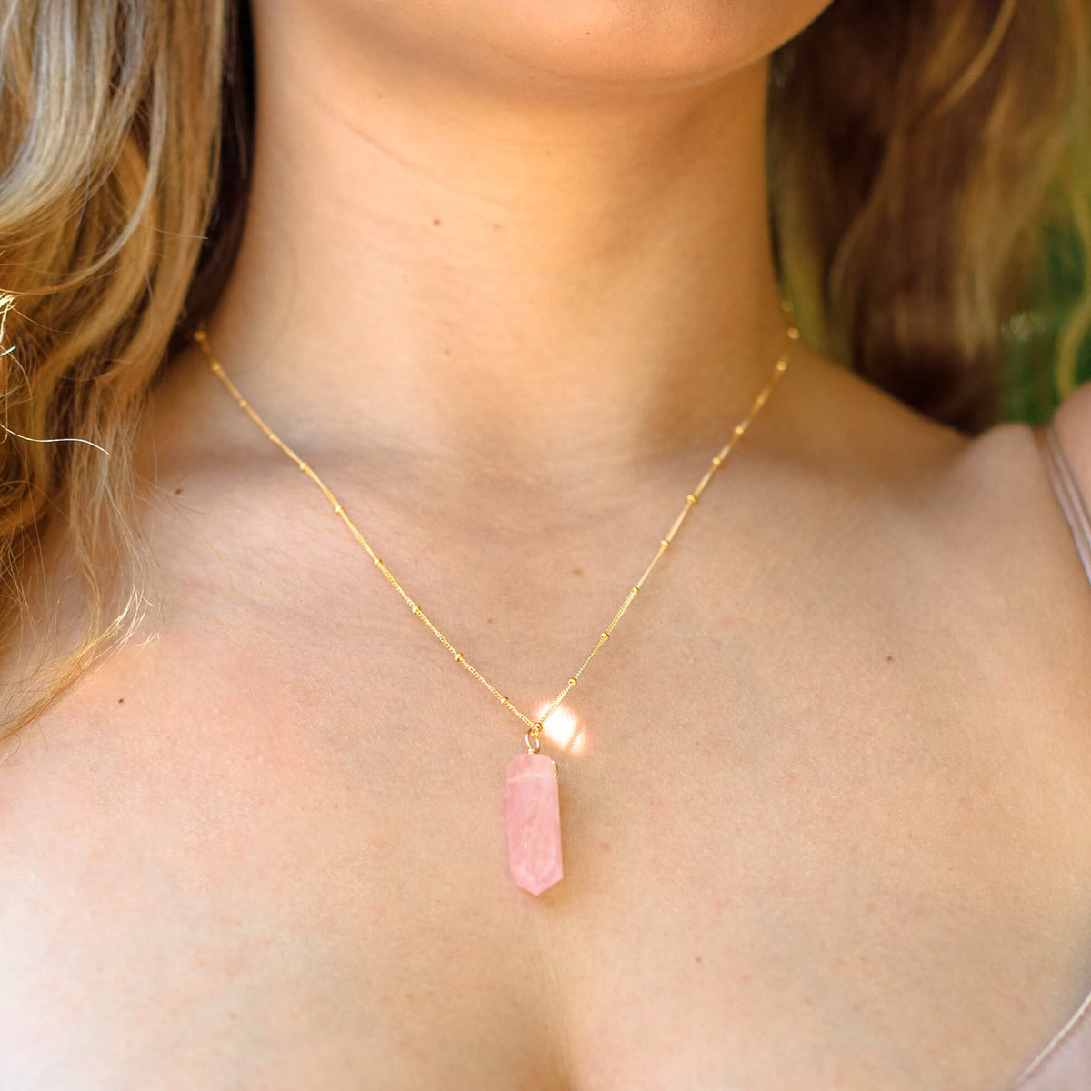 Large Crystal Point Necklace - Rose Quartz - 14K Gold Fill Satellite - Luna Tide Handmade Jewellery