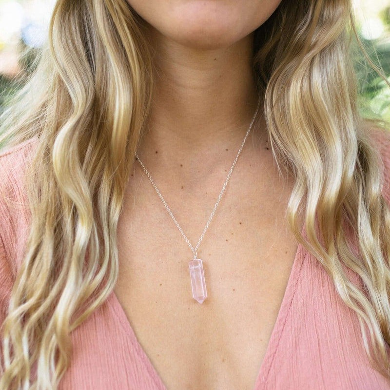 Large Crystal Point Necklace - Rose Quartz - Sterling Silver - Luna Tide Handmade Jewellery