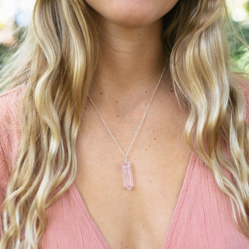 Large Crystal Point Necklace - Rose Quartz - Sterling Silver - Luna Tide Handmade Jewellery