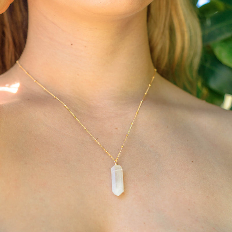 Large Crystal Point Necklace - White Moonstone - 14K Gold Fill Satellite - Luna Tide Handmade Jewellery