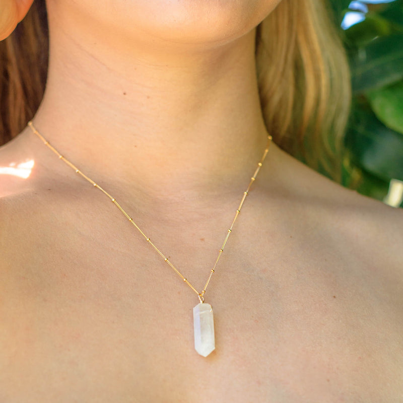 Large Crystal Point Necklace - White Moonstone - 14K Gold Fill Satellite - Luna Tide Handmade Jewellery
