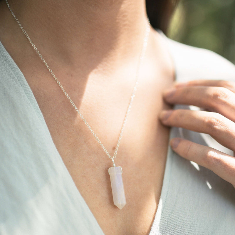 Large Crystal Point Necklace - White Moonstone - Sterling Silver - Luna Tide Handmade Jewellery