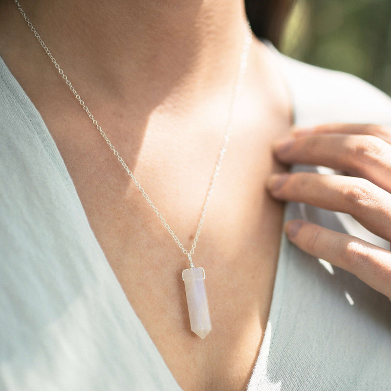 Large Crystal Point Necklace - White Moonstone - Sterling Silver - Luna Tide Handmade Jewellery