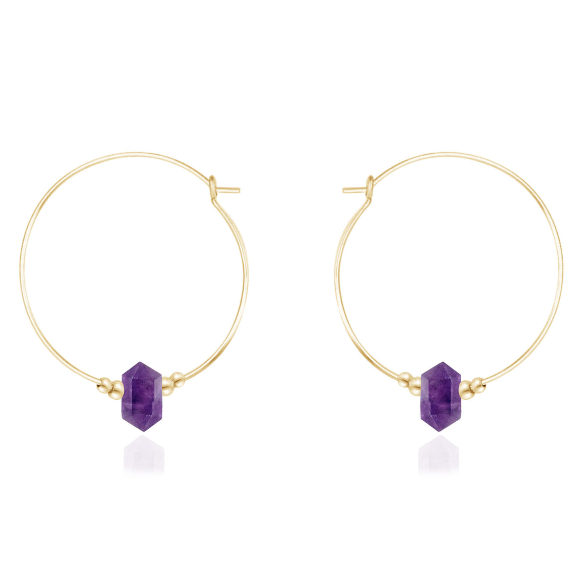 Large Double Terminated Crystal Hoop Earrings - Amethyst - 14K Gold Fill - Luna Tide Handmade Jewellery