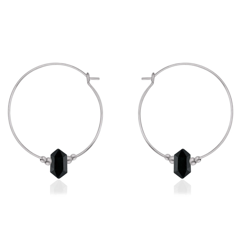 Large Double Terminated Crystal Hoop Earrings - Black Tourmaline - Stainless Steel - Luna Tide Handmade Jewellery