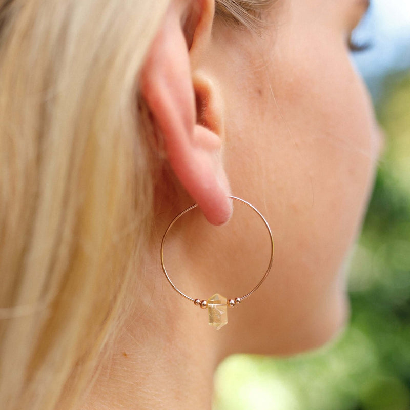 Large Double Terminated Crystal Hoop Earrings - Citrine - 14K Rose Gold Fill - Luna Tide Handmade Jewellery