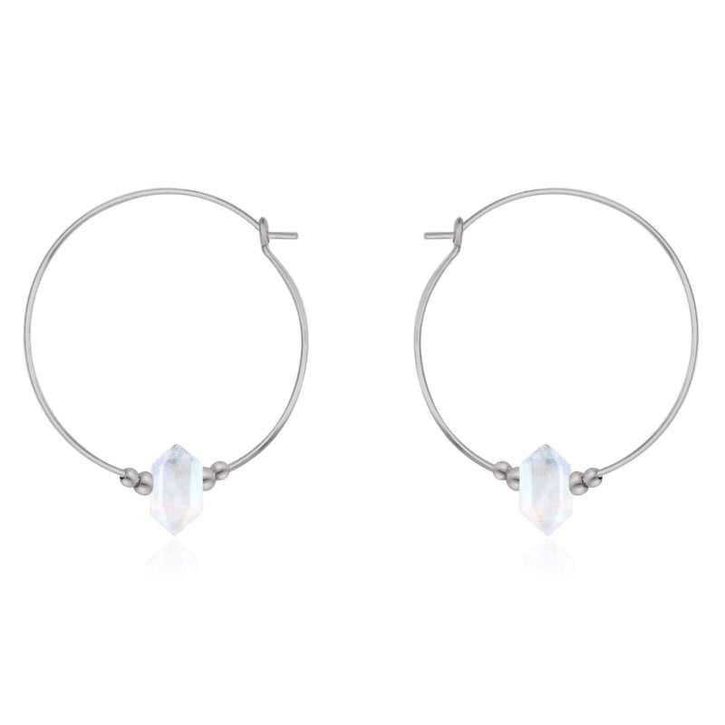 Large Double Terminated Crystal Hoop Earrings - Rainbow Moonstone - Stainless Steel - Luna Tide Handmade Jewellery