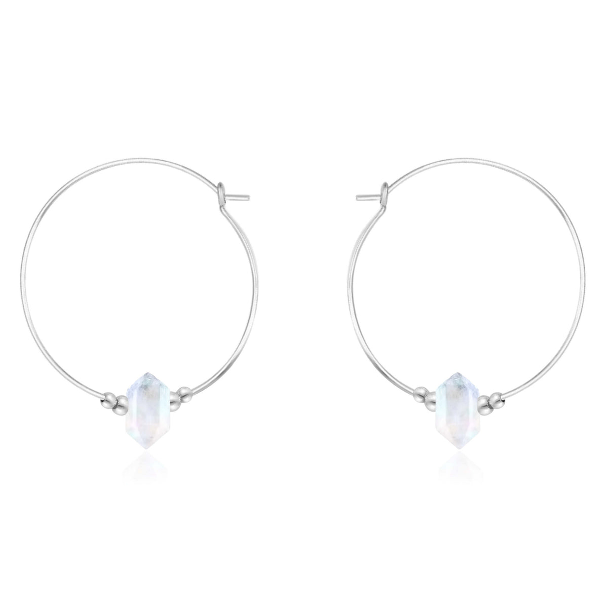 Large Double Terminated Crystal Hoop Earrings - Rainbow Moonstone - Sterling Silver - Luna Tide Handmade Jewellery