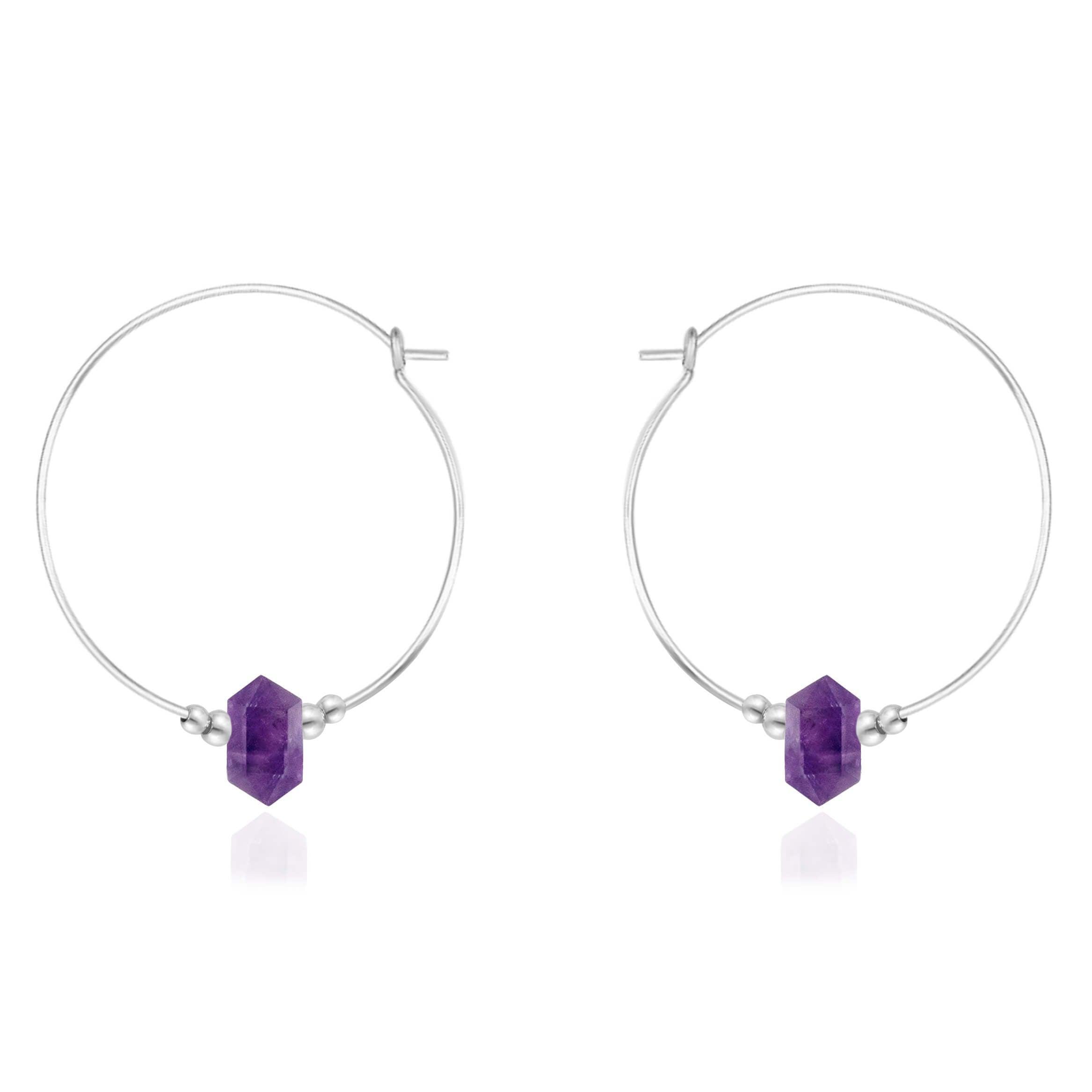 Large Hoop Amethyst Double Terminated Crystal Point Earrings - Large Hoop Amethyst Double Terminated Crystal Point Earrings - Sterling Silver - Luna Tide Handmade Crystal Jewellery