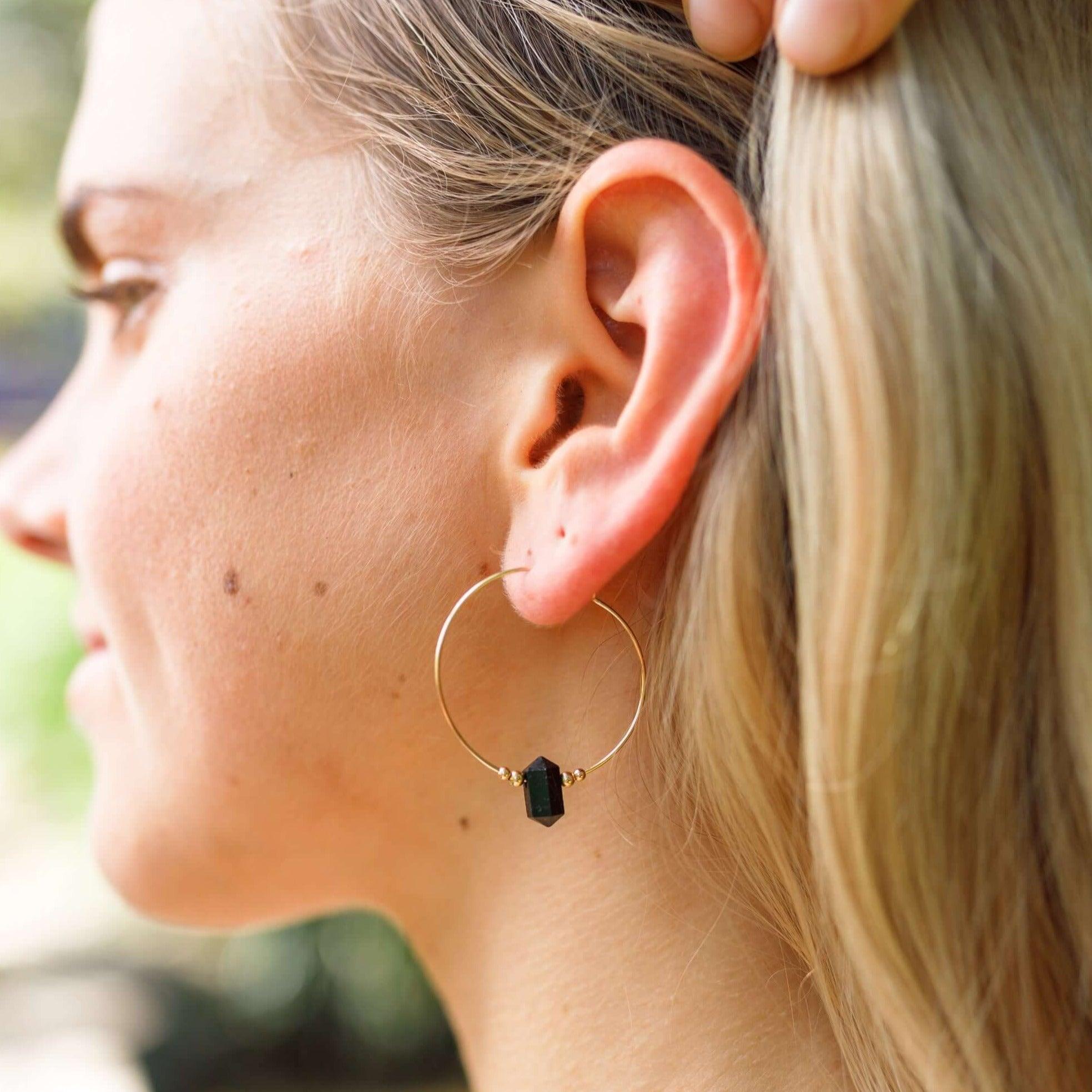 Large Hoop Black Tourmaline Double Terminated Crystal Point Earrings - Large Hoop Black Tourmaline Double Terminated Crystal Point Earrings - Sterling Silver - Luna Tide Handmade Crystal Jewellery