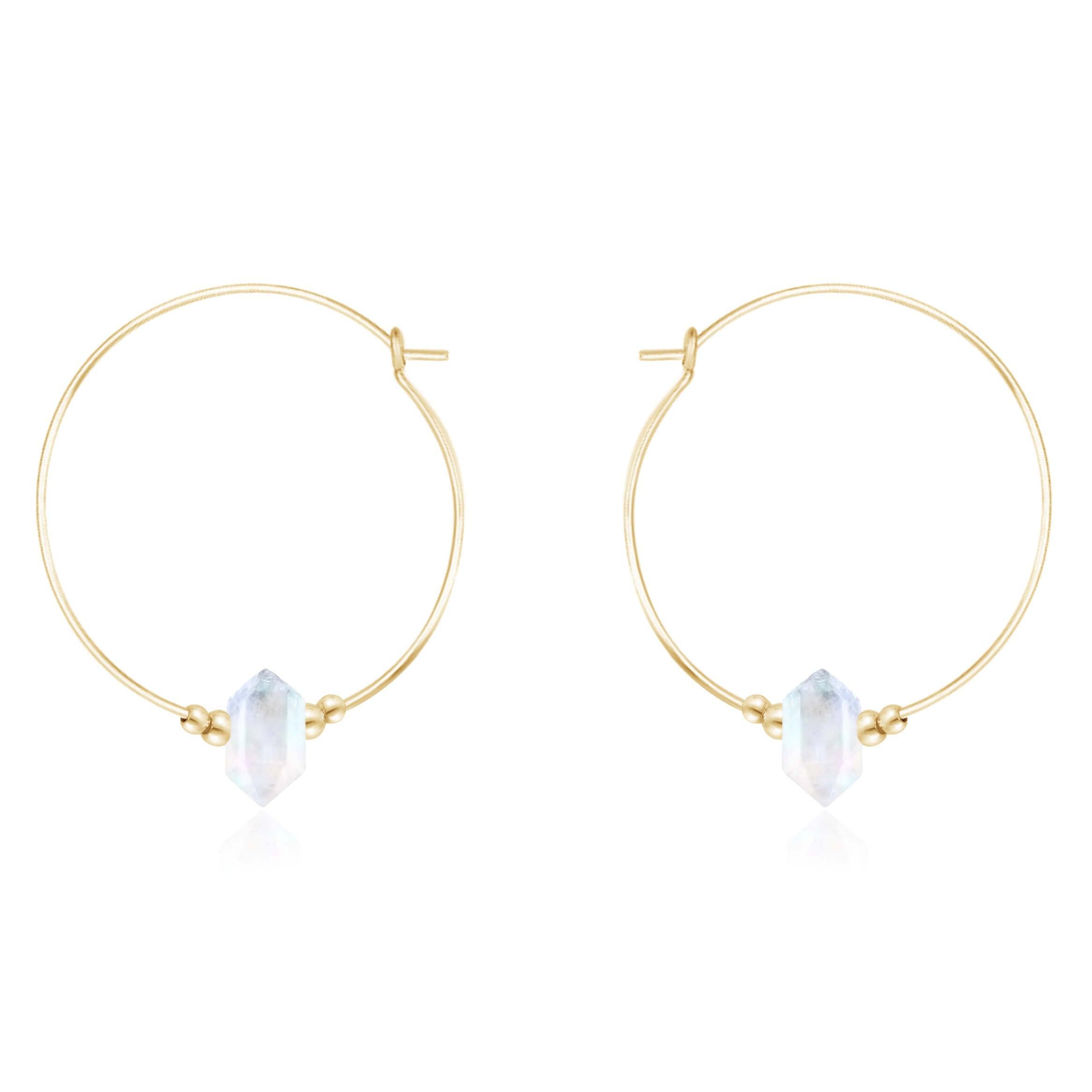 Large Hoop Rainbow Moonstone Double Terminated Crystal Point Earrings - Large Hoop Rainbow Moonstone Double Terminated Crystal Point Earrings - 14k Gold Fill - Luna Tide Handmade Crystal Jewellery