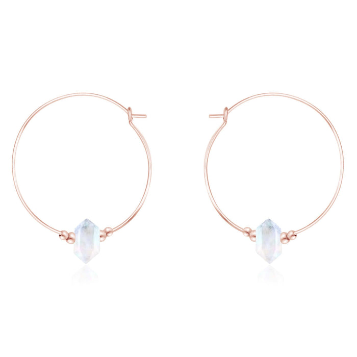 Large Hoop Rainbow Moonstone Double Terminated Crystal Point Earrings - Large Hoop Rainbow Moonstone Double Terminated Crystal Point Earrings - 14k Rose Gold Fill - Luna Tide Handmade Crystal Jewellery