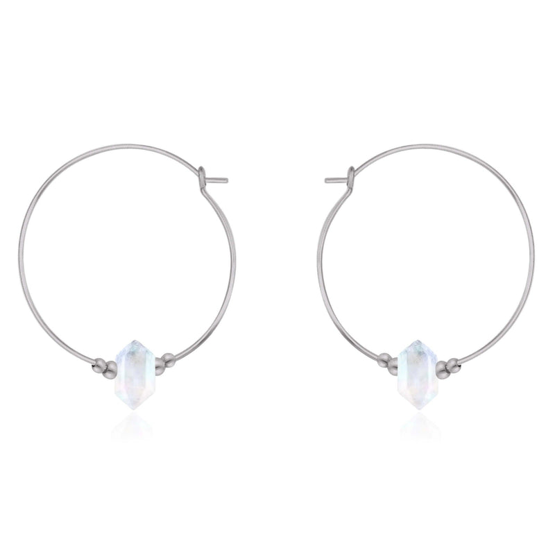 Large Double Terminated Crystal Hoop Earrings - Rainbow Moonstone - Stainless Steel - Luna Tide Handmade Jewellery