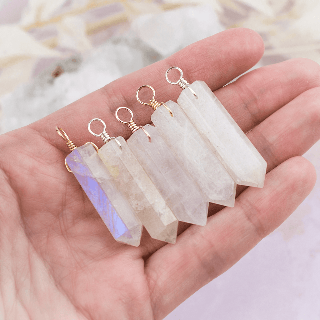 Large Rainbow Moonstone Crystal Tower Point Generator Pendant - Large Rainbow Moonstone Crystal Tower Point Generator Pendant - 14k Gold Fill - Luna Tide Handmade Crystal Jewellery