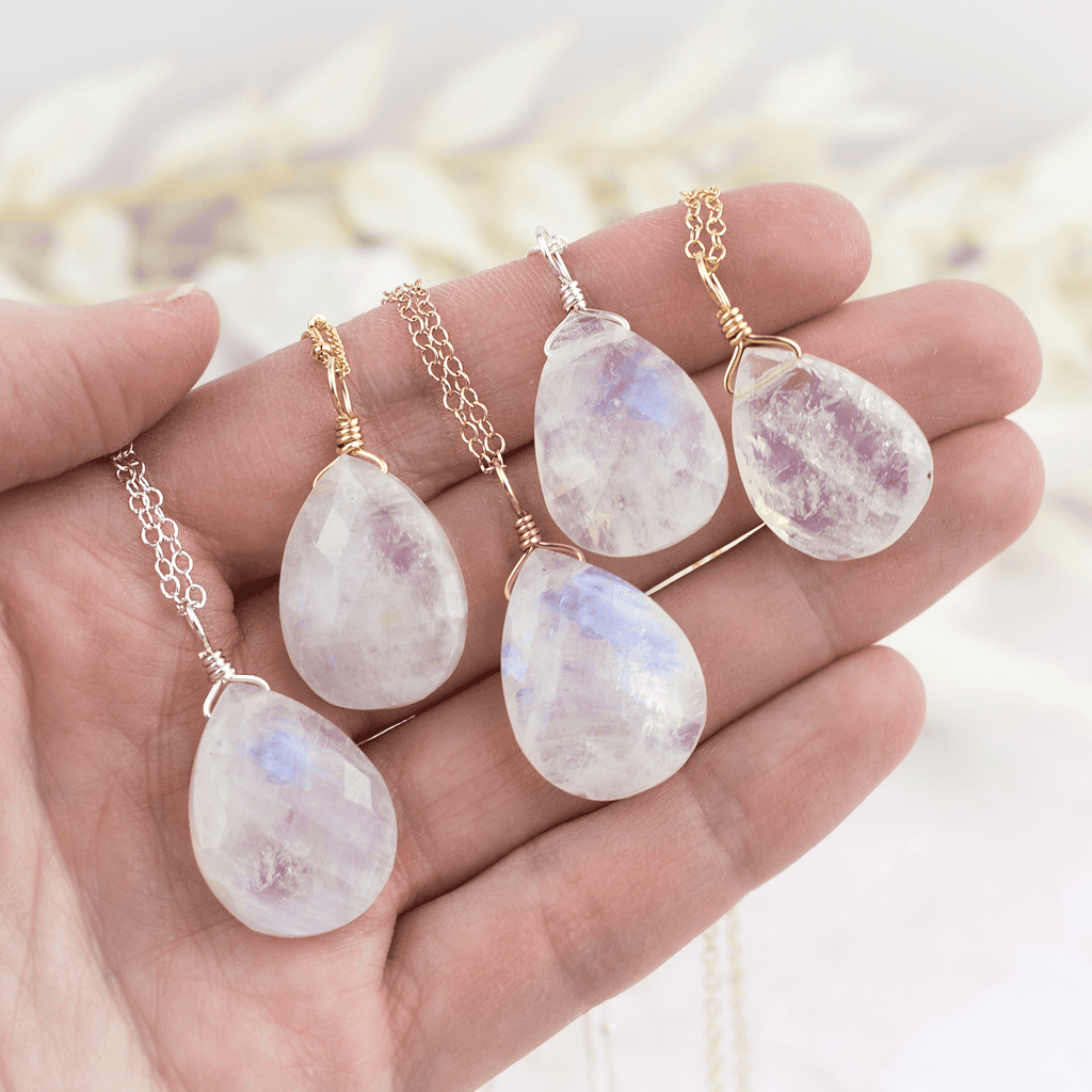 Large Rainbow Moonstone Teardrop Necklace - Large Rainbow Moonstone Teardrop Necklace - 14k Gold Fill / Cable - Luna Tide Handmade Crystal Jewellery