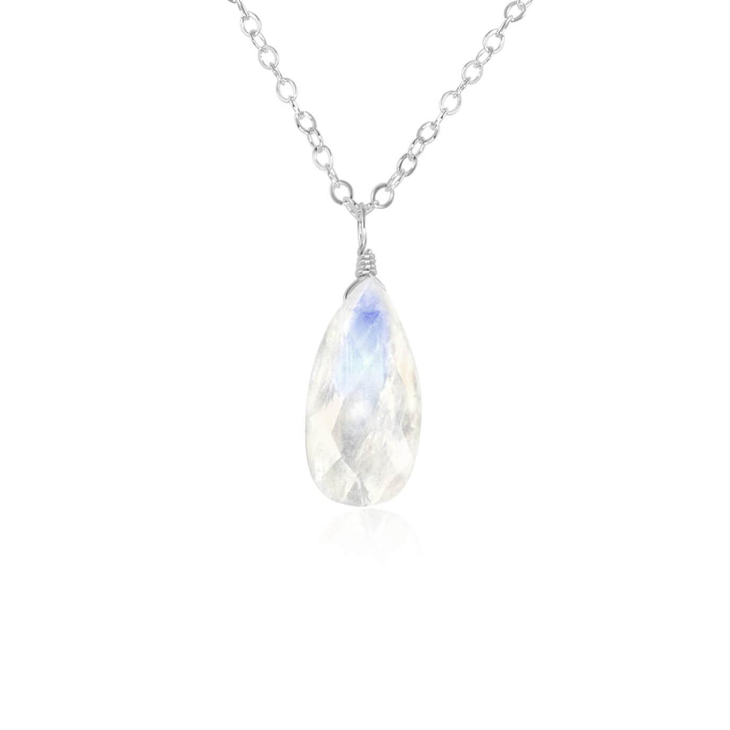 Large Rainbow Moonstone Teardrop Necklace - Large Rainbow Moonstone Teardrop Necklace - Sterling Silver / Cable - Luna Tide Handmade Crystal Jewellery