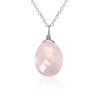 Large Rose Quartz Faceted Teardrop Crystal Pendant Necklace - Large Rose Quartz Faceted Teardrop Crystal Pendant Necklace - Stainless Steel / Cable - Luna Tide Handmade Crystal Jewellery