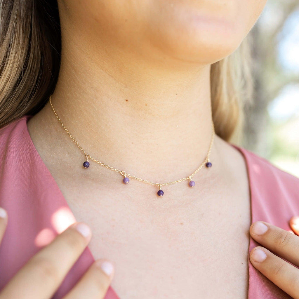 Lepidolite Bead Drop Choker - Lepidolite Bead Drop Choker - Sterling Silver - Luna Tide Handmade Crystal Jewellery